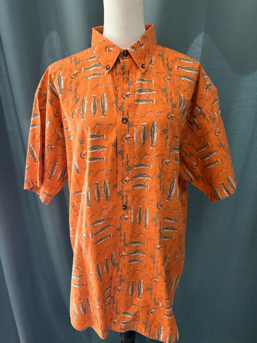 RedHead Fishing Shirt Mens XL Orange Fish Print Button Front Short Sleeve Cotton